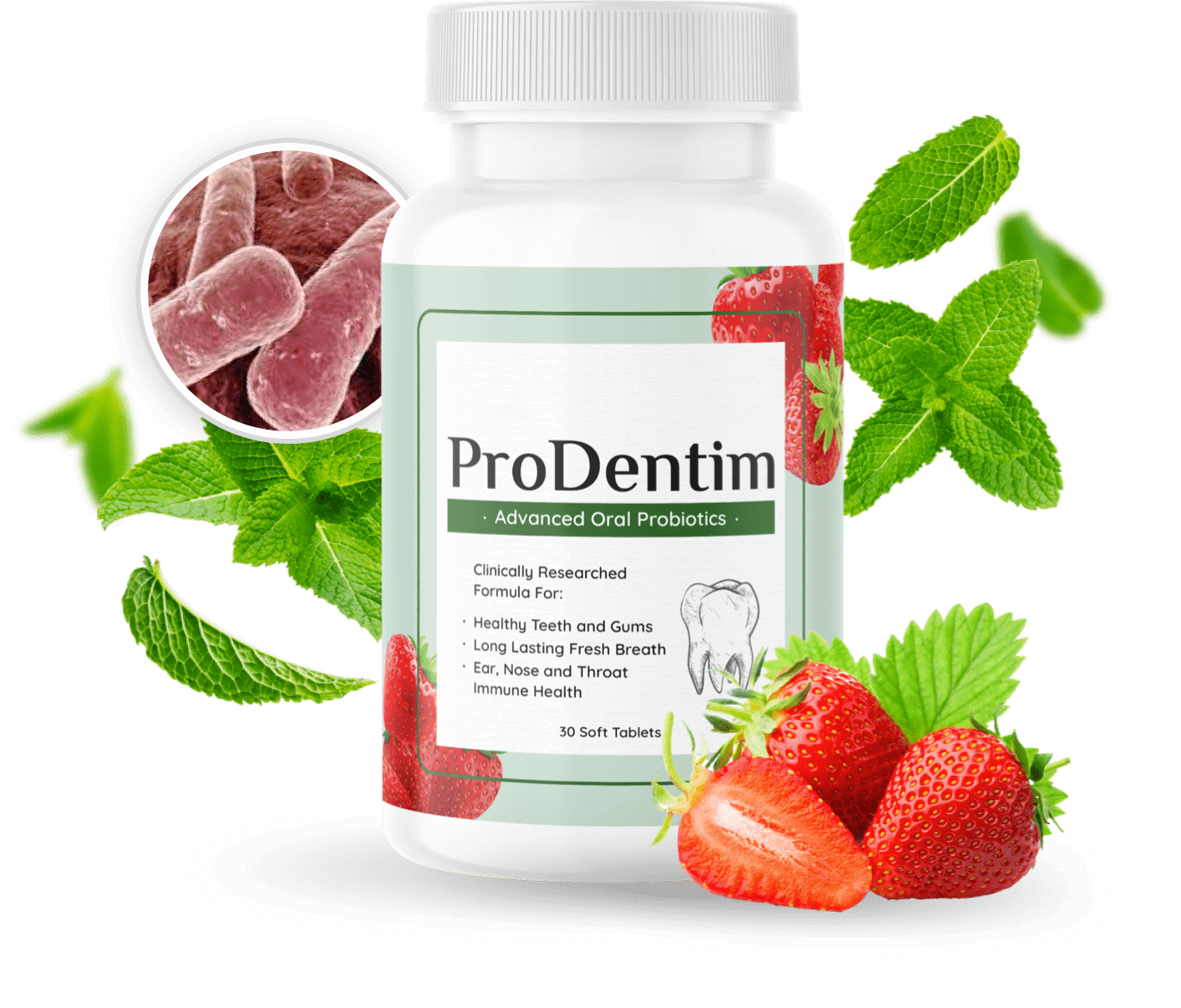 Bottle labeled ProDentim, a dietary supplement, shown with strawberries and mint.